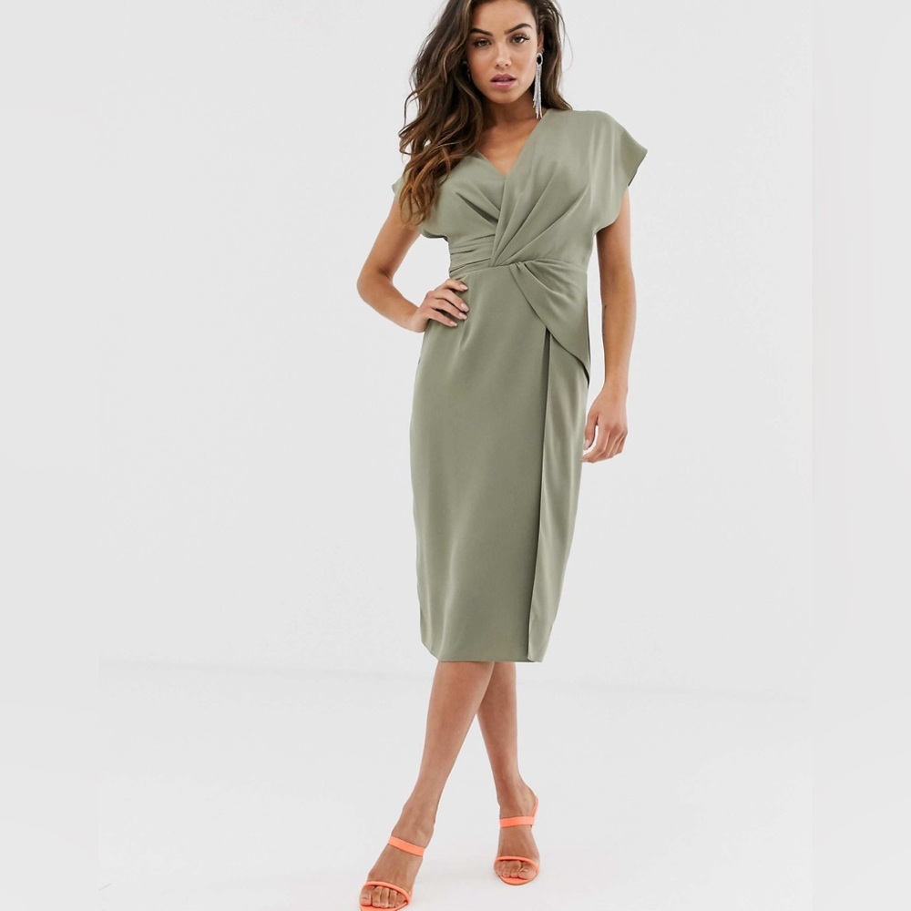 ASOS Green Ruched Wrap Midi Dress V-Neck